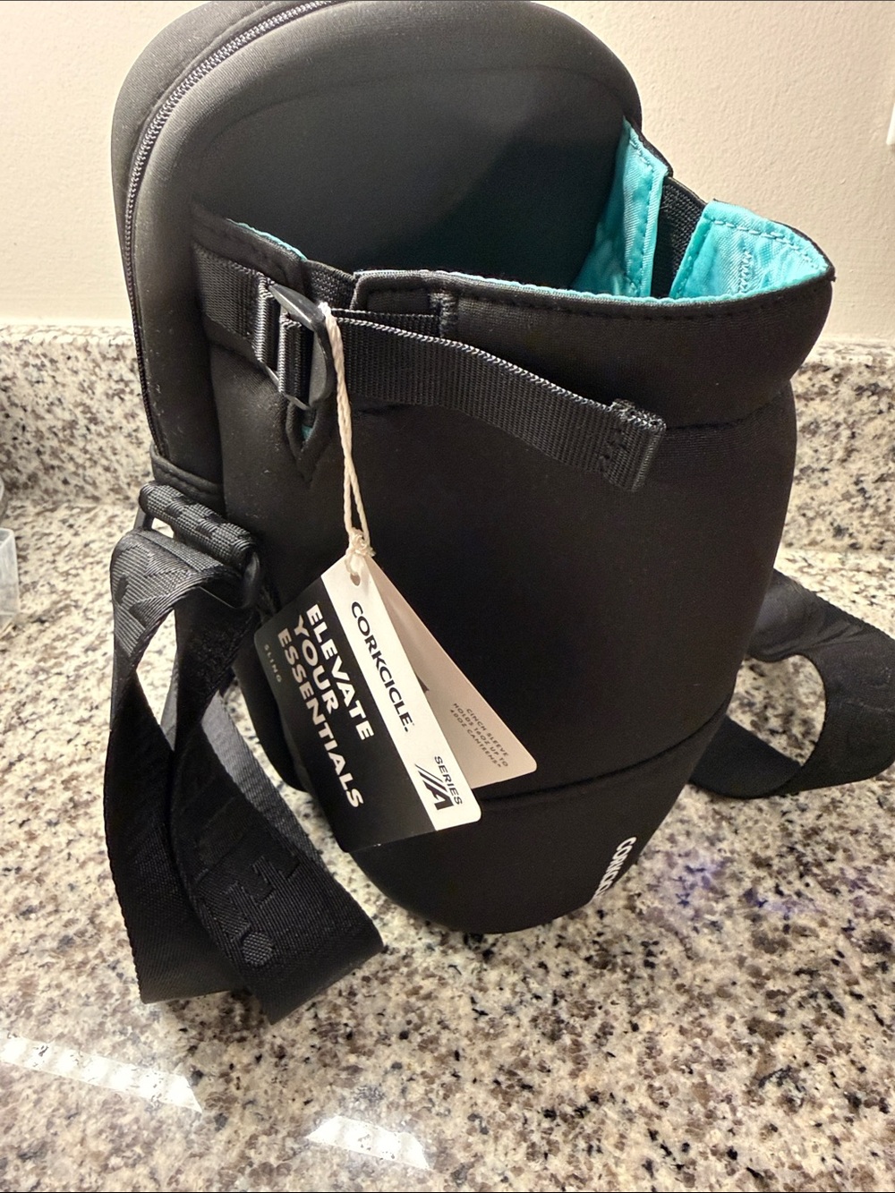 Corkcicle Black Water Bottle Holder/Sling Bag with Teal Interior